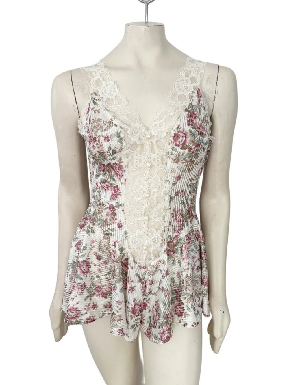 VTG 80s LADY CAMEO Dallas Ribbed Stripe Floral Satin Lace Corset Romper  SZ 6